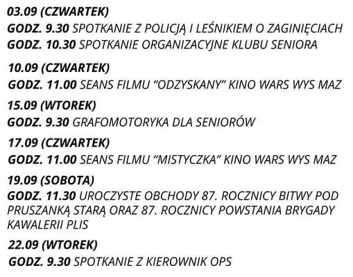 Wrześniowy harmonogram zajęć Klubu Seniora w Nowych Piekutach