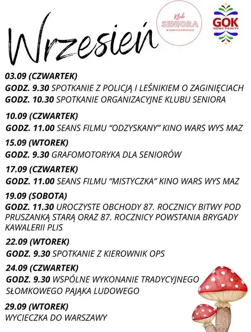 Wrześniowy harmonogram zajęć Klubu Seniora w Nowych Piekutach