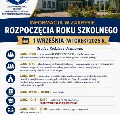 Rozpoczęcie roku szkolnego 2026/2027 w ZSOiZ w Ciechanowie – harmonogram uroczystości