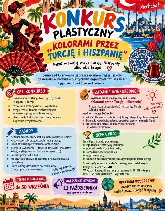 Konkurs plastyczny „Kolorami przez Turcję i Hiszpanię” – zaproszenie dla uczniów