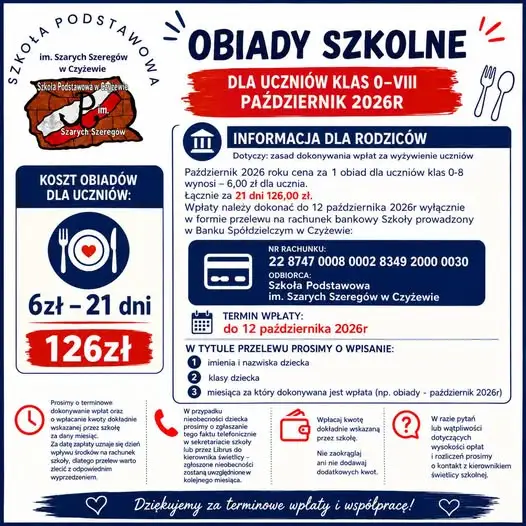Obiady szkolne w Czyżewie – październik 2026: kwota i termin płatności