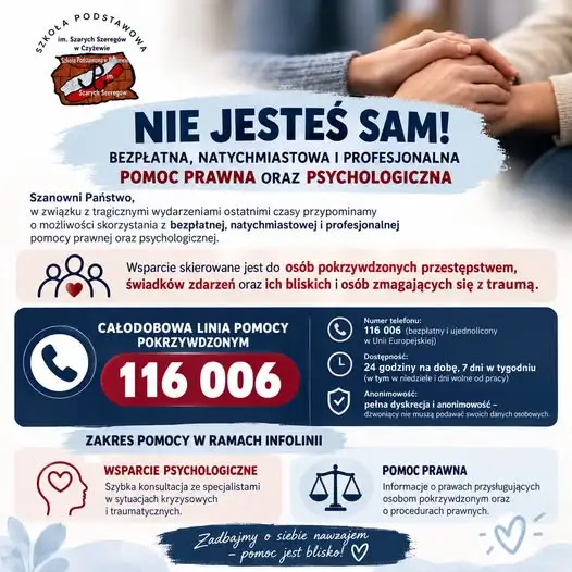 Bezpłatna pomoc psychologiczna i prawna – całodobowa linia 116 006