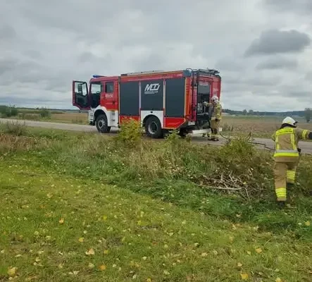 Pożar na drodze powiatowej Kobylin-Borzymy – Kropiewnica-Gajki. Interweniowały dwa zastępy OSP